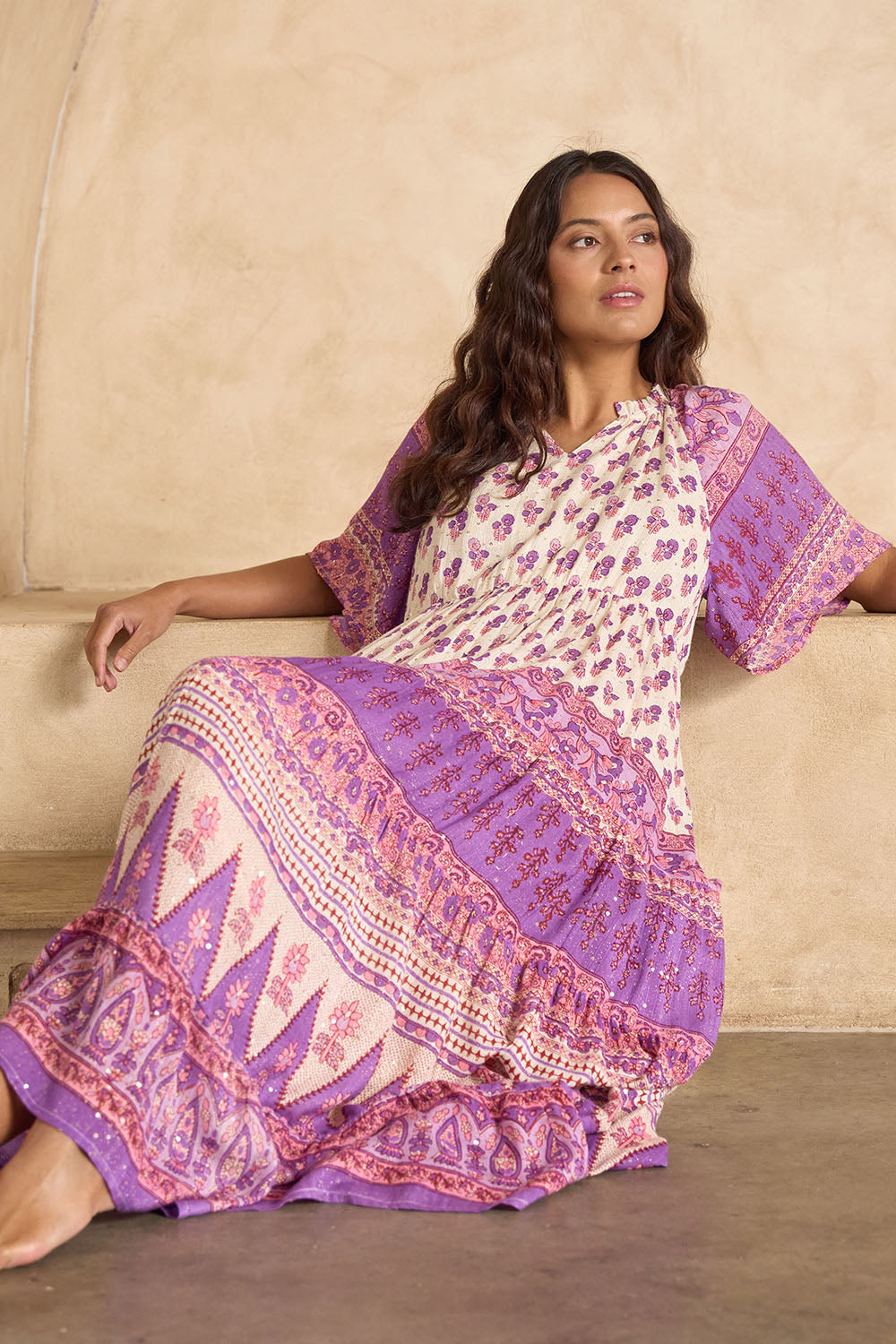 Model Tahnee wearing size 10 of the Angel Falls Long Dress in colour Pink (Pink), from the front, showing the whole outfit