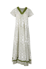 Product shot of the Cocora Valley Cotton Long Dress – Olive in colour Olive, from the front