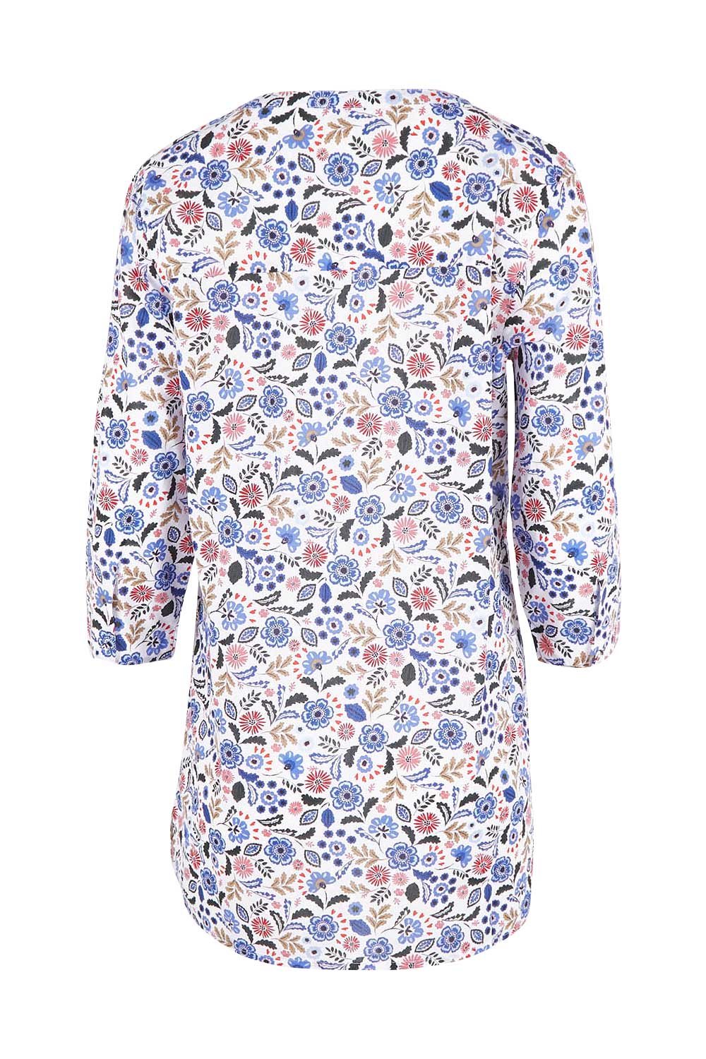 Product shot of the Adventurier Tunic in colour Floral (White), from the back