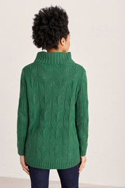 A model wearing the Coast Road Jumper in colour Evergreen (Green), from the back