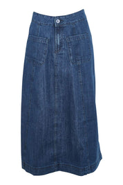 Product shot of the Dusk Journey Skirt in colour Midindigo (Blue), from the front