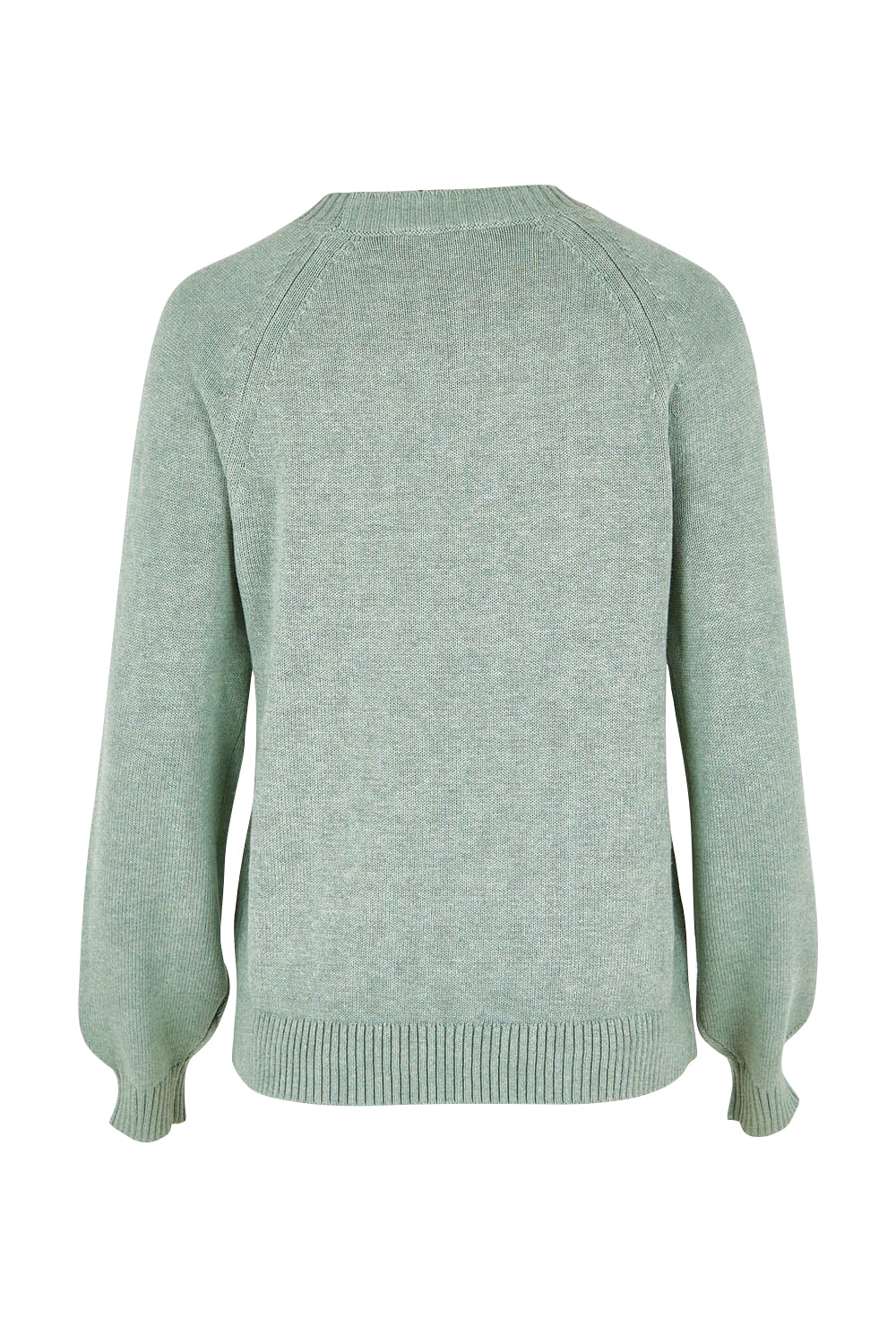 Product shot of the Caradon Jumper in colour Moth (Green), from the back