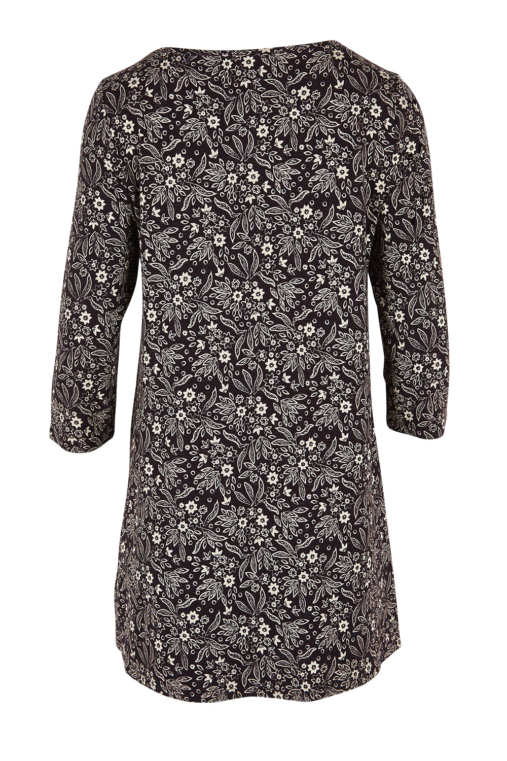Product shot of the Arusha Tunic in colour Leaves (Black), from the back