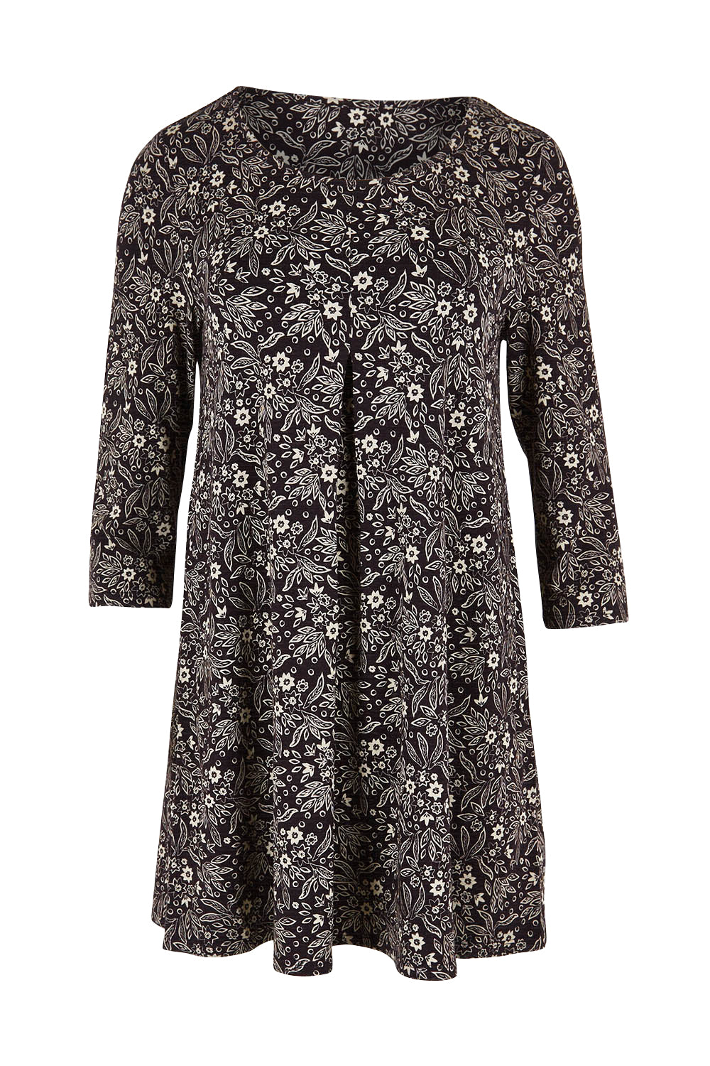 Product shot of the Arusha Tunic in colour Leaves (Black), from the front