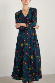 A model wearing the Willow Blossom Dress in colour Floral (Blue), from the front, cropped image