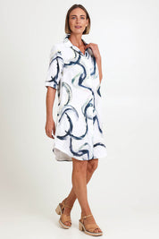 Model Riinar wearing size 10 of the Riverstone Shirtmaker Dress – Riverstone in colour Riverstone, from the front