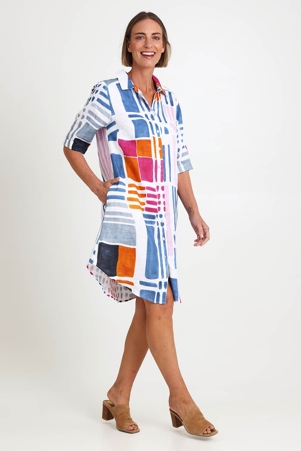 Model Riinar wearing size 10 of the Gallery Shirtmaker Dress – Gallery in colour Gallery, from the front