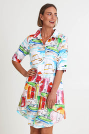 Model Riinar wearing size 10 of the Seaside Shirtmaker Dress – Seaside in colour Seaside, from an angle