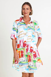 Model Riinar wearing size 10 of the Seaside Shirtmaker Dress – Seaside in colour Seaside, in a cropped view