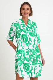 Model Riinar wearing size 10 of the Garden Shirtmaker Dress – Emerald in colour Emerald, in a cropped view