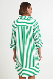 Model Riinar wearing size 10 of the 2 Way Stripe Dress – Green in colour Green, from the back