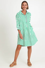 Model Riinar wearing size 10 of the 2 Way Stripe Dress – Green in colour Green, from the front