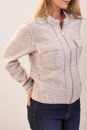 A model wearing the Bomber Zip Boiled Wool Jacket in colour Natural, from the front, cropped image