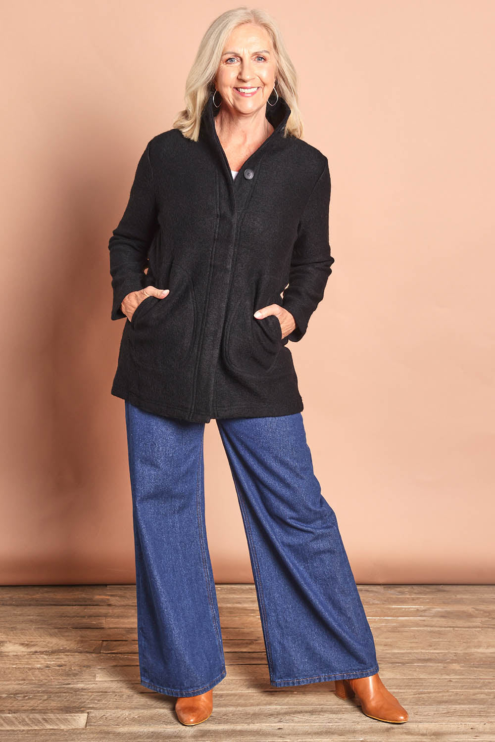 Funnel Neck Boiled Wool Coat – Black