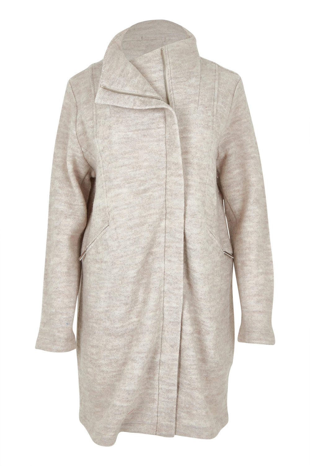 Product shot of the Longline Panel Zip Boiled Wool Coat in colour Natural, from the front