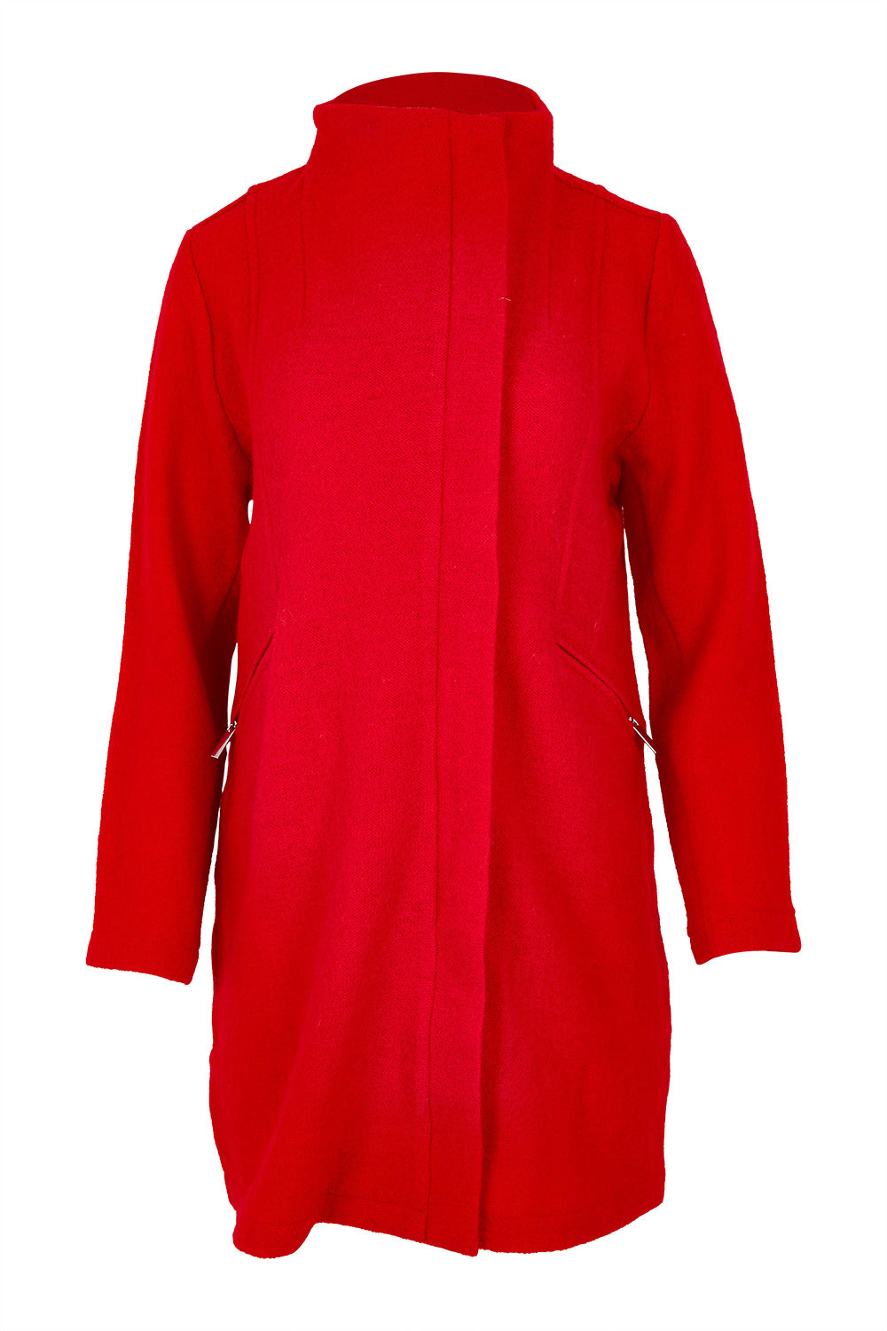 Product shot of the Longline Panel Zip Boiled Wool Coat in colour Red (Red), from the front