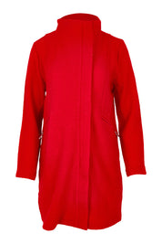 Product shot of the Longline Panel Zip Boiled Wool Coat in colour Red (Red), from the front