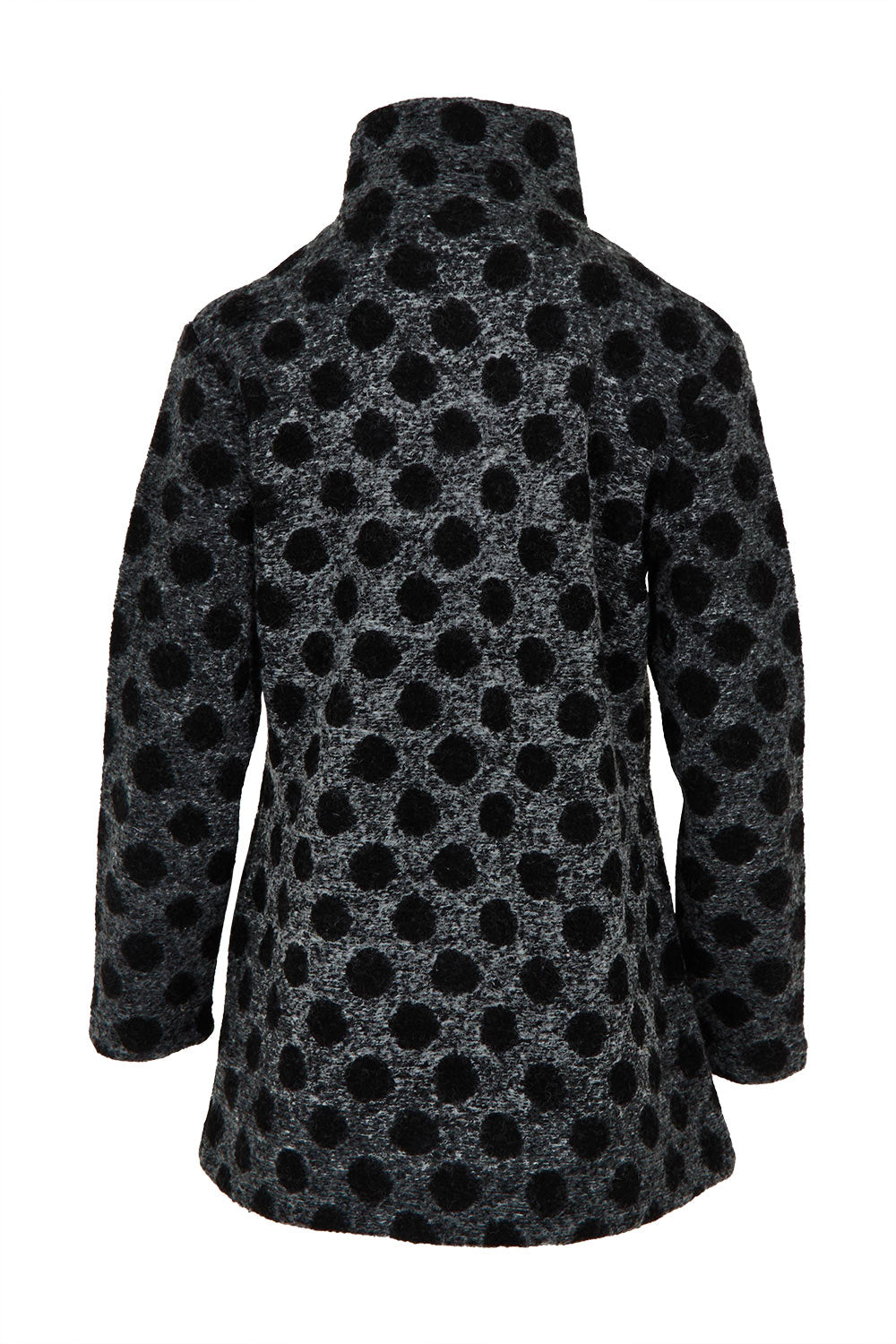 Product shot of the Spot Funnel Neck Boiled Wool Coat in colour Blackspot (Grey), from the back