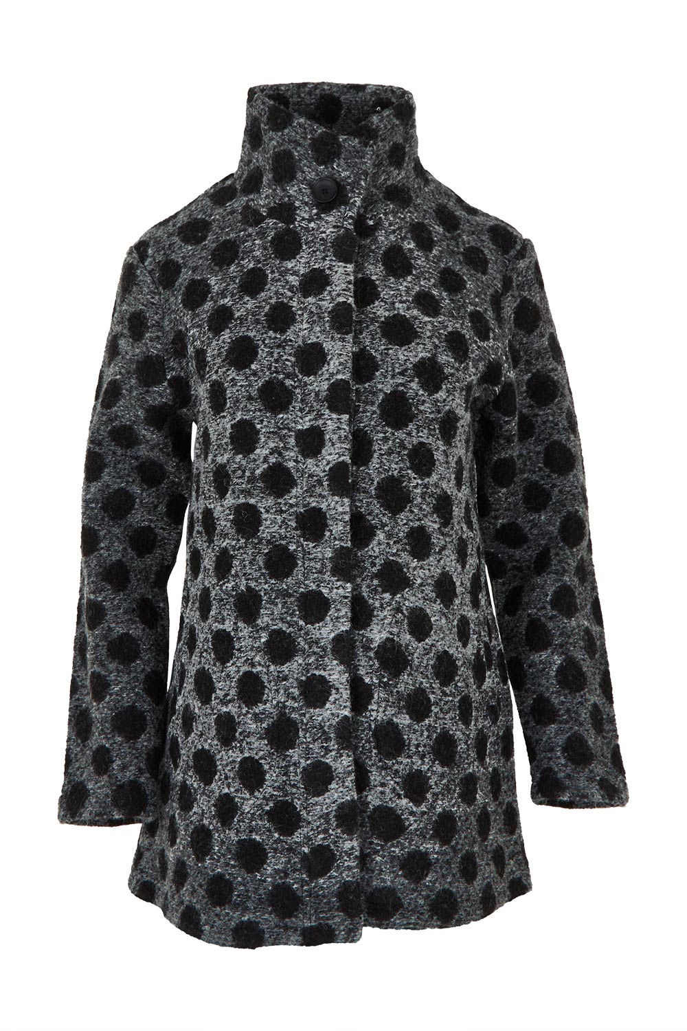 Product shot of the Spot Funnel Neck Boiled Wool Coat in colour Blackspot (Grey), from the front