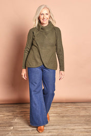 Moss Stitch Cowl Wool Sweater – Khaki