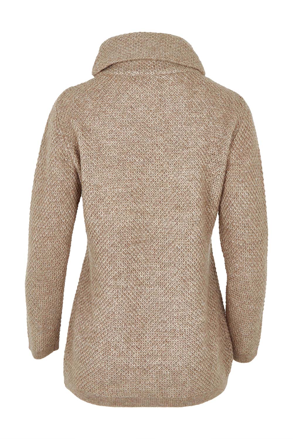 Product shot of the Moss Stitch Cowl Wool Sweater in colour Mocha, from the back