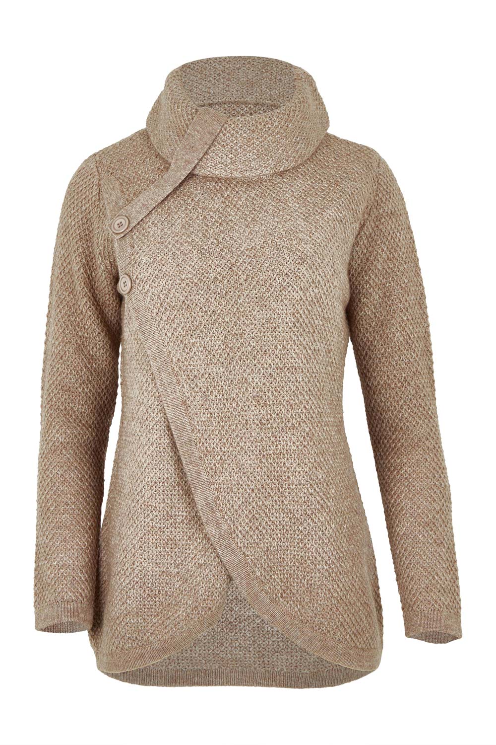 Product shot of the Moss Stitch Cowl Wool Sweater in colour Mocha, from the front