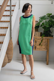 A model wearing the Sl Cowl Neck Splice Shift Linen Dress in colour Greennavy (Green), from the front, showing the whole outfit