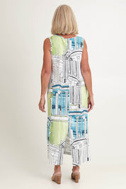 Model Sandy wearing size 10 of the Rome V Neck Linen Maxi in colour Rome, from the back