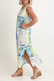 Model Sandy wearing size 10 of the Rome V Neck Linen Maxi in colour Rome, from the front, cropped image
