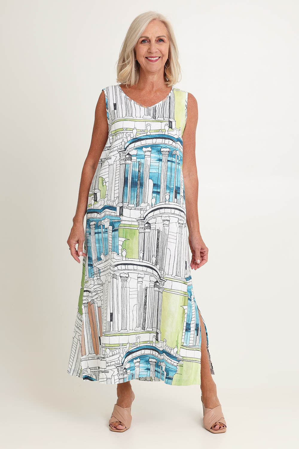 Model Sandy wearing size 10 of the Rome V Neck Linen Maxi in colour Rome, from the front, showing the whole outfit