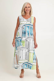 Model Sandy wearing size 10 of the Rome V Neck Linen Maxi in colour Rome, from the front, showing the whole outfit