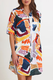 Model Madeline wearing size 10 of the Abstract Tencel Linen Shirtmaker Dress in colour Abstract, from the front, cropped image