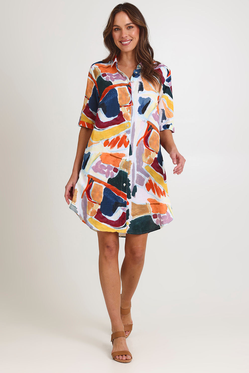 Model Madeline wearing size 10 of the Abstract Tencel Linen Shirtmaker Dress in colour Abstract, from the front, showing the whole outfit