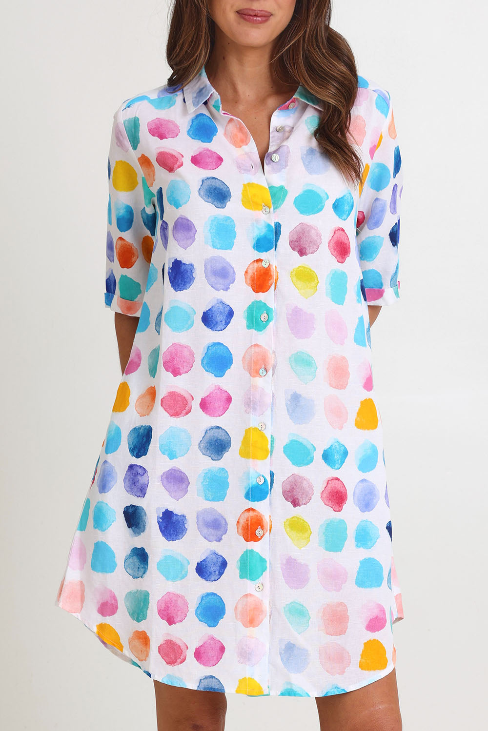 Model Madeline wearing size 10 of the Palette Tencel Linen Shirtmaker Dress in colour Palette, from the front, cropped image