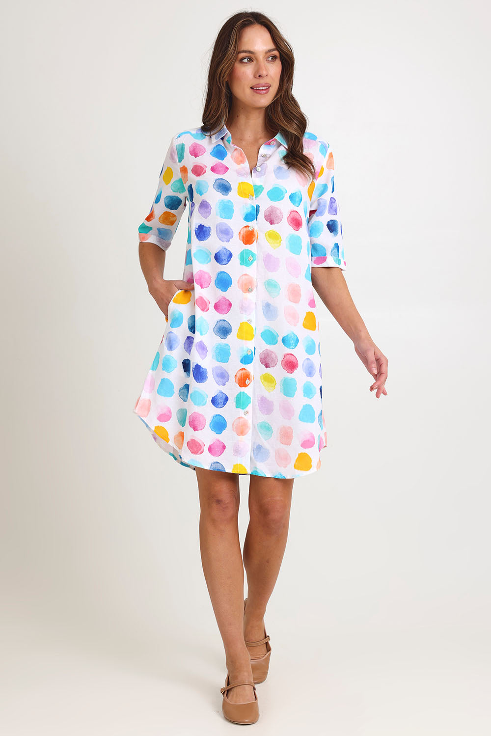 Model Madeline wearing size 10 of the Palette Tencel Linen Shirtmaker Dress in colour Palette, from the front, showing the whole outfit