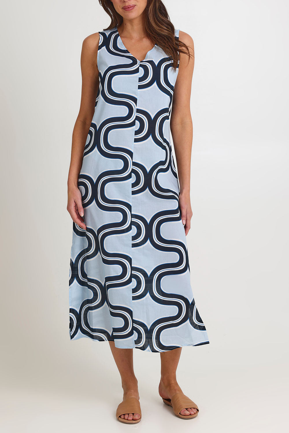 Model Madeline wearing size 10 of the Spliced Cotton Maxi Dress in colour Navy (Blue), from the front, cropped image