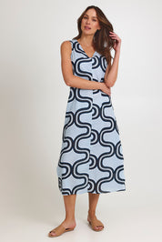 Model Madeline wearing size 10 of the Spliced Cotton Maxi Dress in colour Navy (Blue), from the front, showing the whole outfit