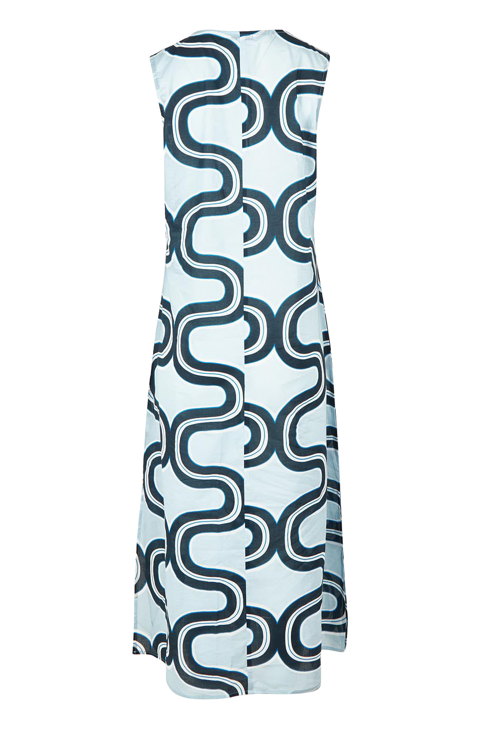 Product shot of the Spliced Cotton Maxi Dress in colour Navy (Blue), from the back