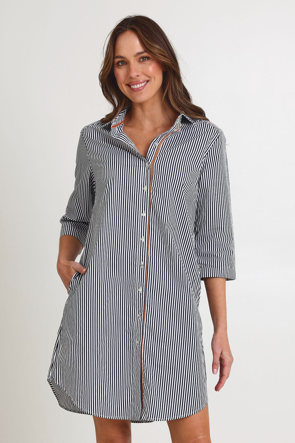 Model Madeline wearing size 10 of the Stripe 3/4 Sleeve Cotton Shirtmaker Dress in colour Navystripe (Blue), from the front, cropped image