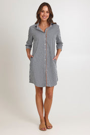 Model Madeline wearing size 10 of the Stripe 3/4 Sleeve Cotton Shirtmaker Dress in colour Navystripe (Blue), from the front, showing the whole outfit
