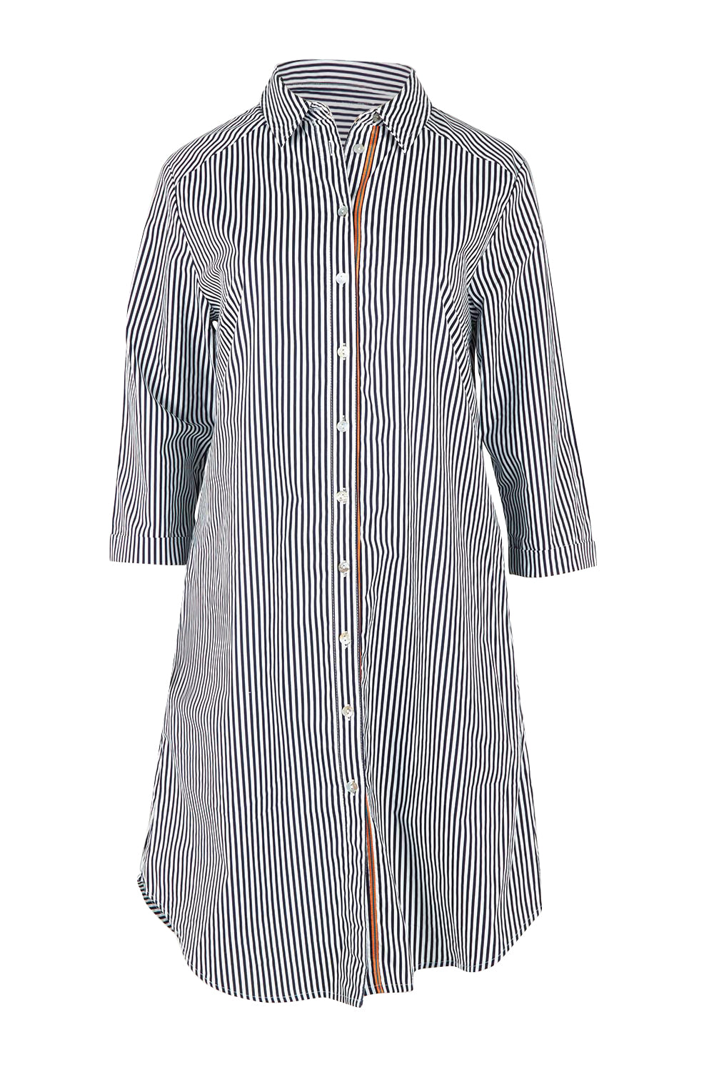 Product shot of the Stripe 3/4 Sleeve Cotton Shirtmaker Dress in colour Navystripe (Blue), from the front