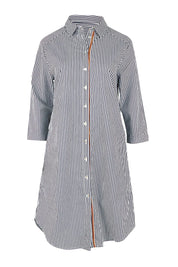 Product shot of the Stripe 3/4 Sleeve Cotton Shirtmaker Dress in colour Navystripe (Blue), from the front