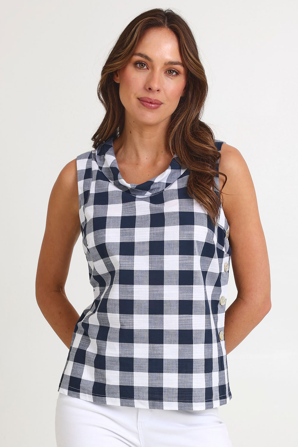 Model Madeline wearing size 10 of the Cowl Neck Cotton Top in colour Navy (Blue), from the front, cropped image