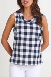 Model Madeline wearing size 10 of the Cowl Neck Cotton Top in colour Navy (Blue), from the front, cropped image