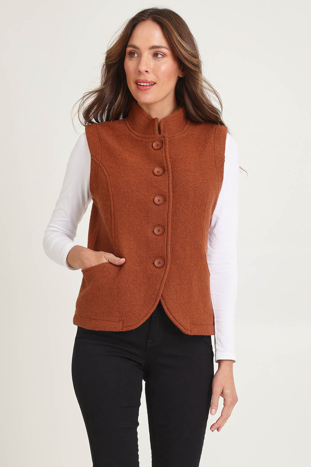 High Collar Boiled Wool Vest – Copper