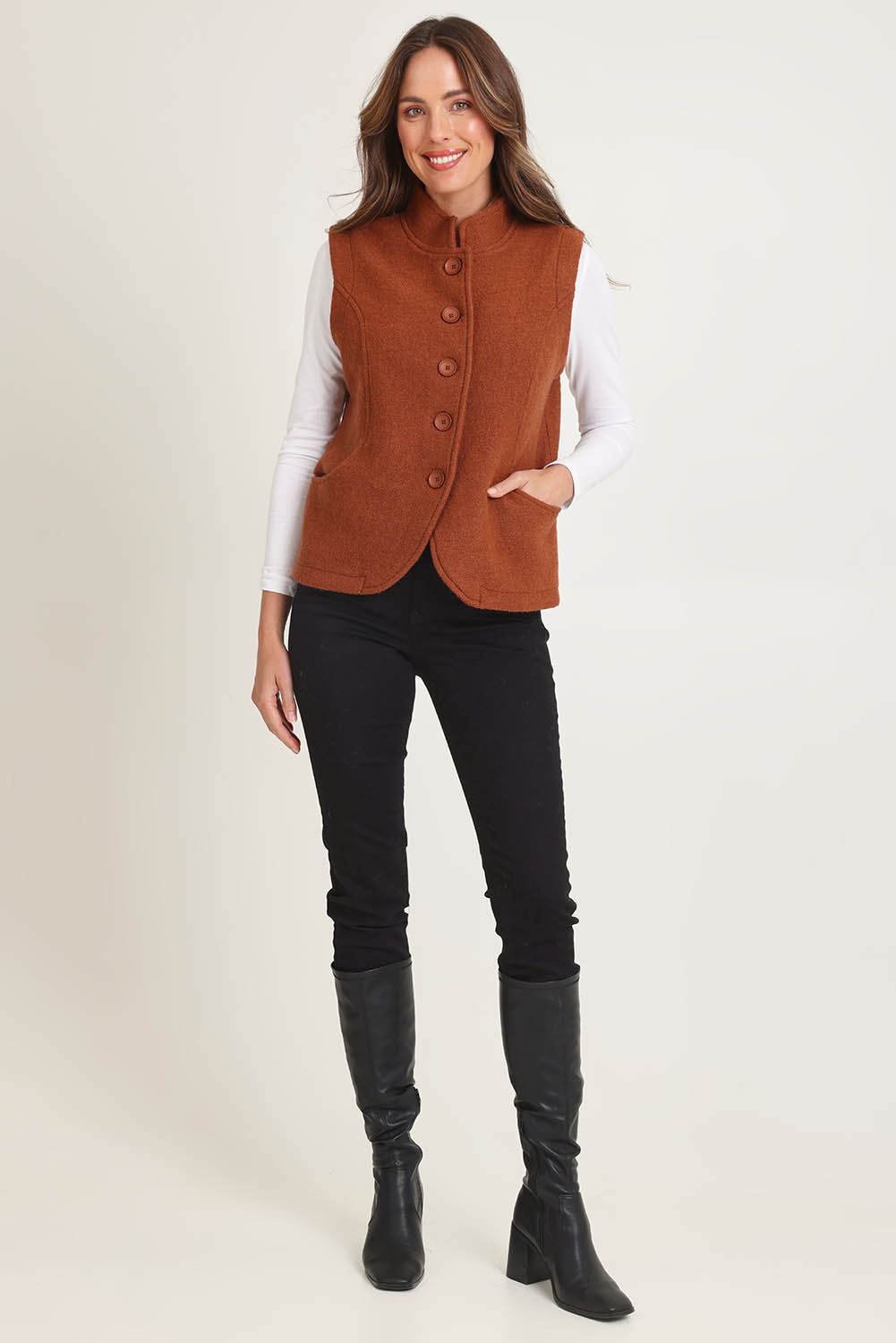 High Collar Boiled Wool Vest – Copper