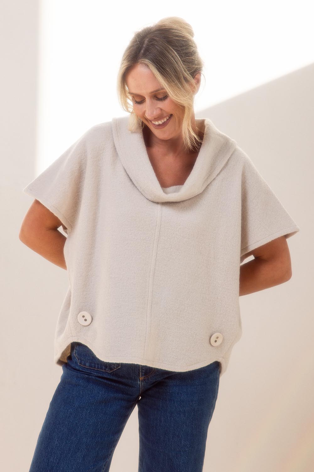 Cowl Neck Boiled Wool Top – Cream