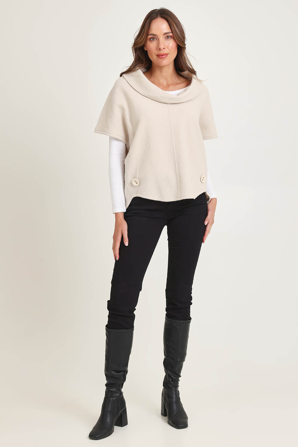 Cowl Neck Boiled Wool Top – Cream