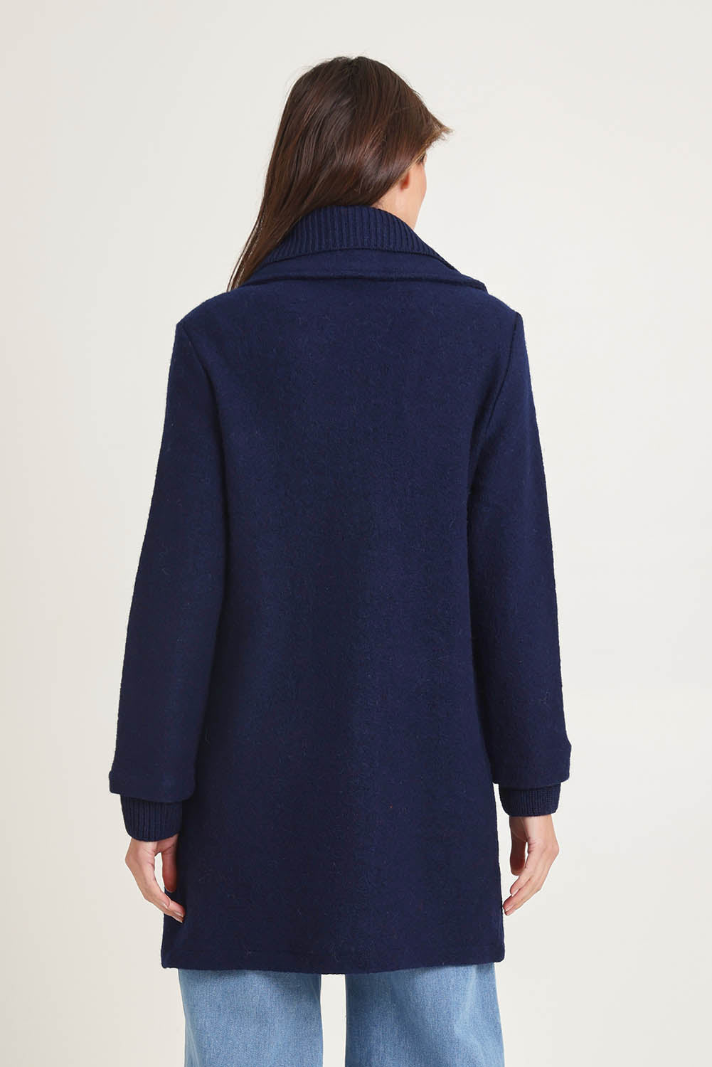 Rib Collar Boiled Wool Coat – Navy