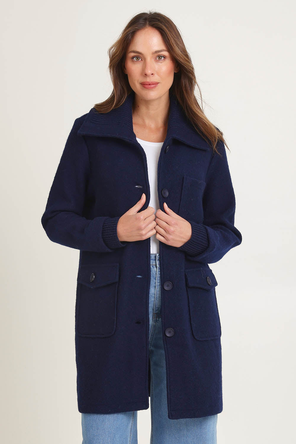 Rib Collar Boiled Wool Coat – Navy
